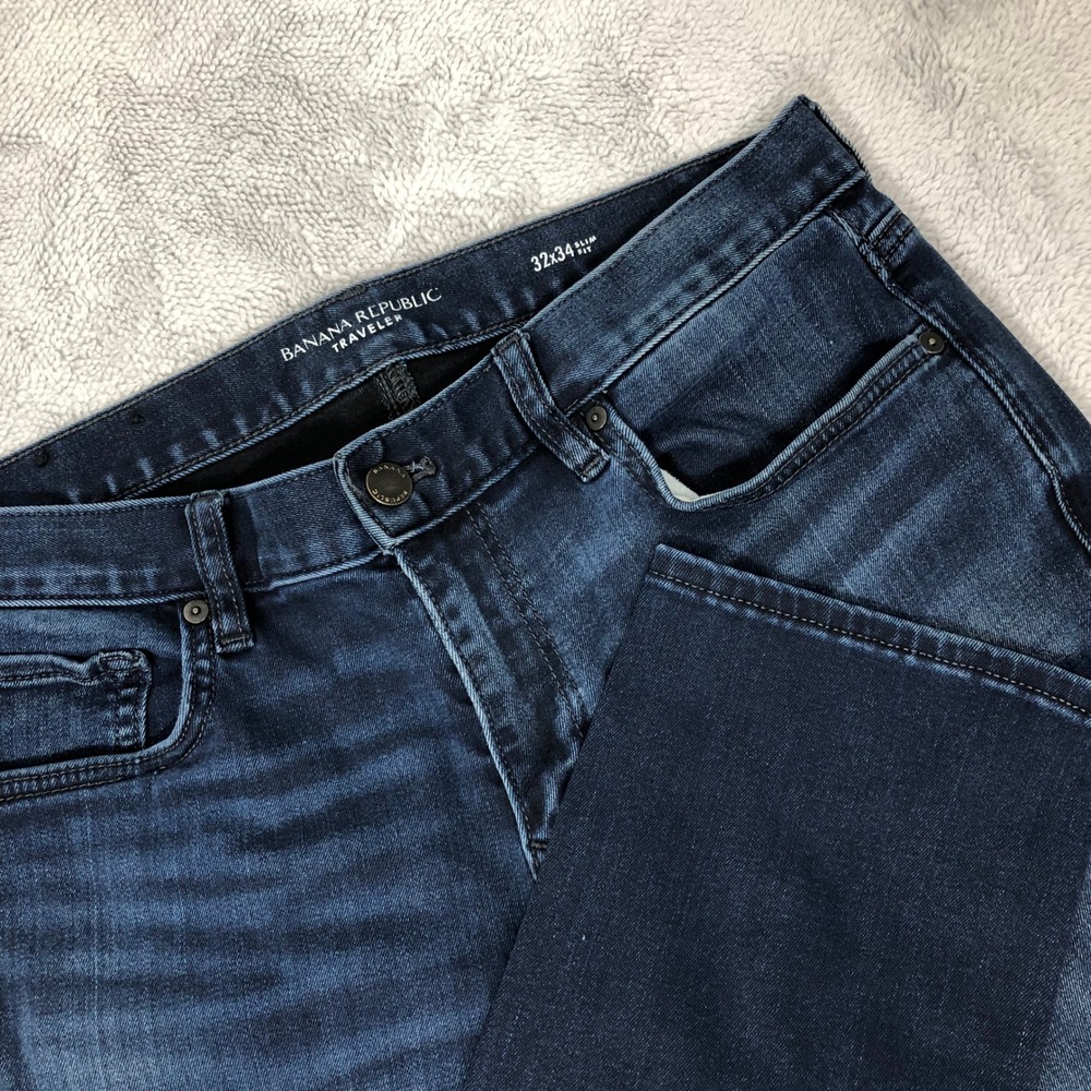 Banana Republic Traveler Jeans Mens 32x34 Denim Blue Dark Wash Slim Luxe 32x31.5